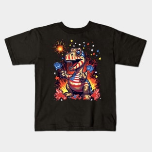 cute dinosaur firework 4th of July Kids T-Shirt